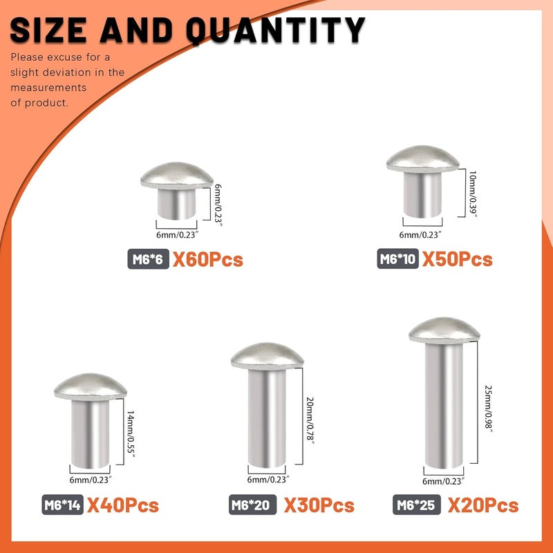 Tanstic 200Pcs M6 Solid Aluminum Brazier Head Rivets, 6mm 10mm 14mm 20mm 25mm Length Solid Aluminum Rivets for Machinery Automobile Industry - Image 2